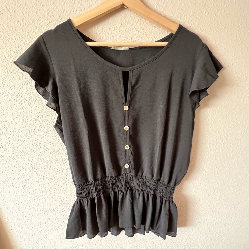 Black ruffle sleeve button up